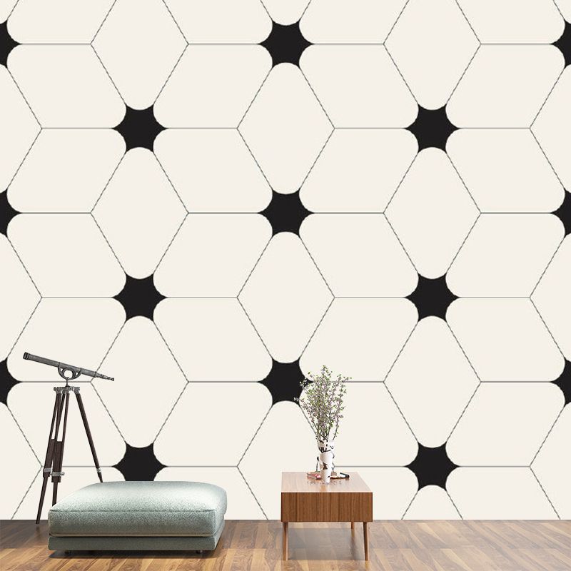 Geometric Cube and Star Mural Decal Minimalistic Non-Woven Cloth Wall Covering in Black-White