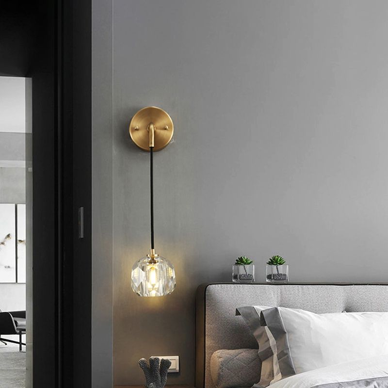Gold Hanging Wall Sconce in Modern Luxury Style Copper Globe Wall Light with Crystal Shade