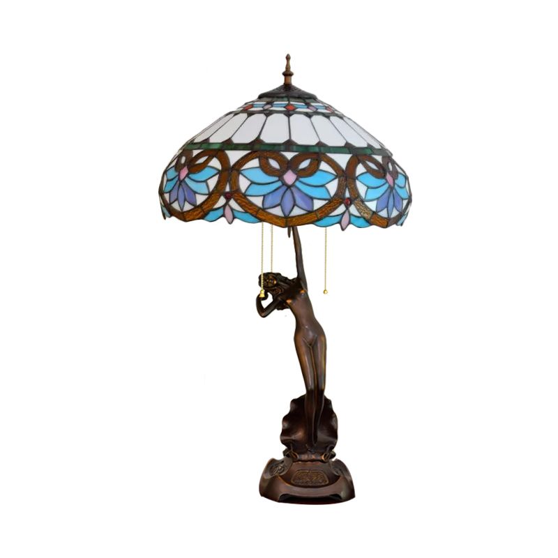3-Head Nightstand Lamp Mediterranean Spikelet Beige/Teardrop-Edge Blue and White/Flower Blue and Brown Glass Table Light with Pulling Chain