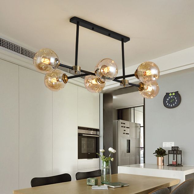 Luce di isola a 6 luci nere in moderno stile a sospensione in ferro battuto in stile creativo con tonalità di vetro