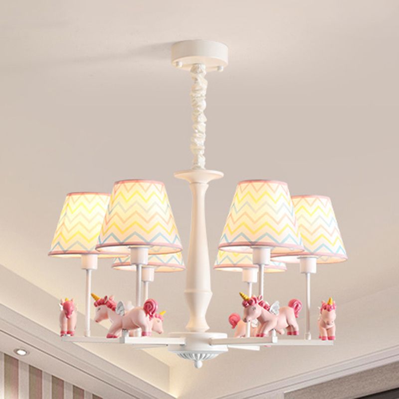 Patterned Fabric Tapered Chandelier Pendant Light Cartoon Pink Hanging Light with Unicorn Decor