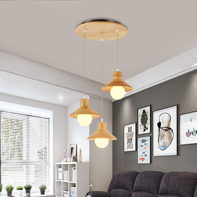 Beige Flare Multiple Hanging Light Nordic 3 Bulbs Natural Wood Ceiling Pendant over Dining Table