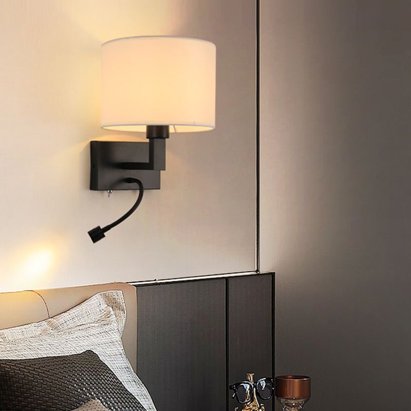Modern Metal Wall Sconce Cylinder Shape Wall Light with Fabric Shade for Bedroom