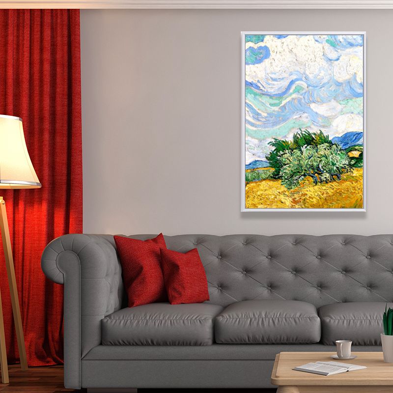 Farmhouse Autumn Wheat Field Painting Green-Yellow Van Gogh Wall Art for Home