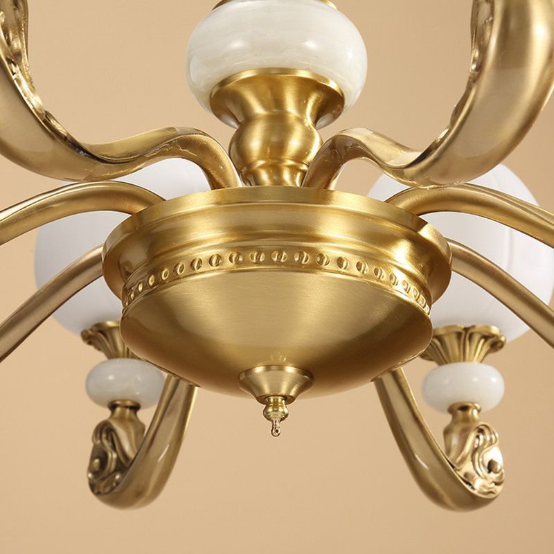 6-Bulb Chandelier Lighting Traditional Ivory Glass Flowerbud Hanging Ceiling Light in Gold