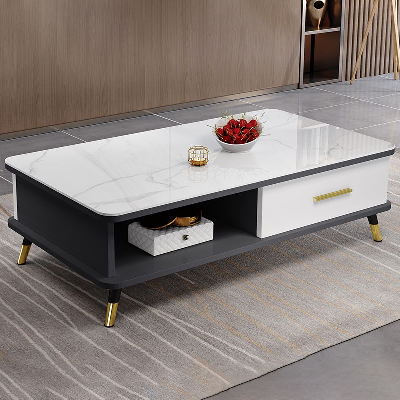 Modernism Rectangular Glass Top Coffee Table 1-Shelf 2-Drawer Cocktail Table