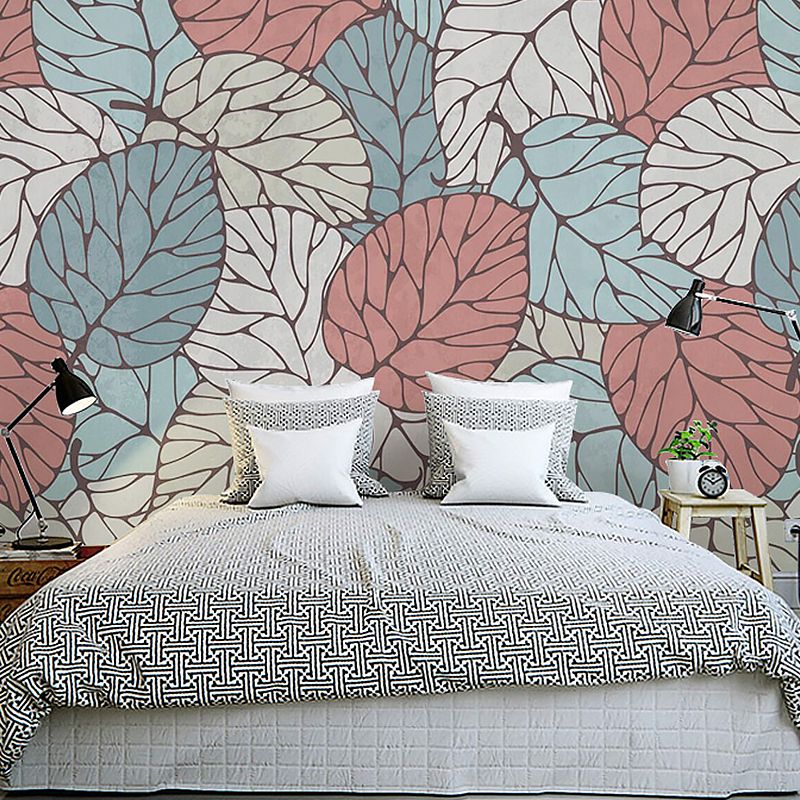 Full Size Mural Wallpaper for Living Room, Summer Leaf in Blue and Red, Stain-Resistant