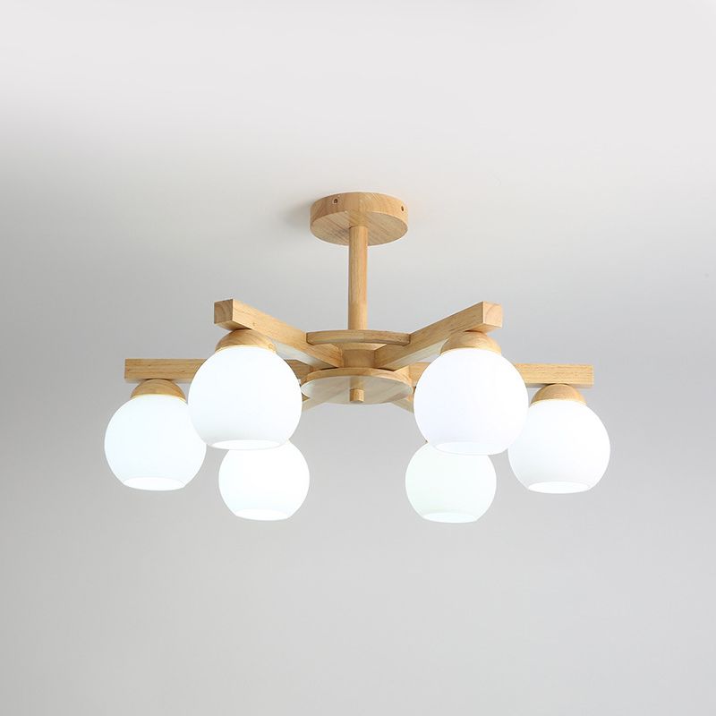 Moderne stijl houten kroonluchter witte bol glazen schaduw hangende verlichting armatuur voor salon