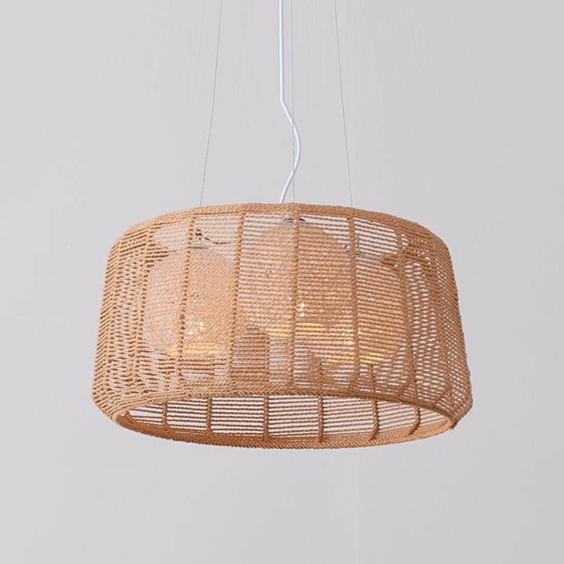 3-Light Guest Room Ceiling Chandelier Chinese Beige Pendant Light with Drum Bamboo Cage