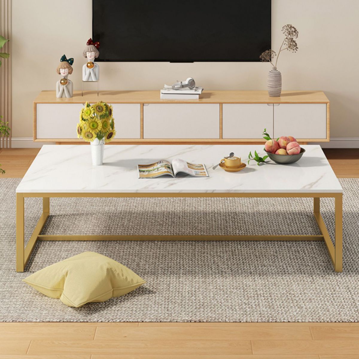 Rectangular Wooden Top Coffee Table Steel Trestle Base Cocktail Table
