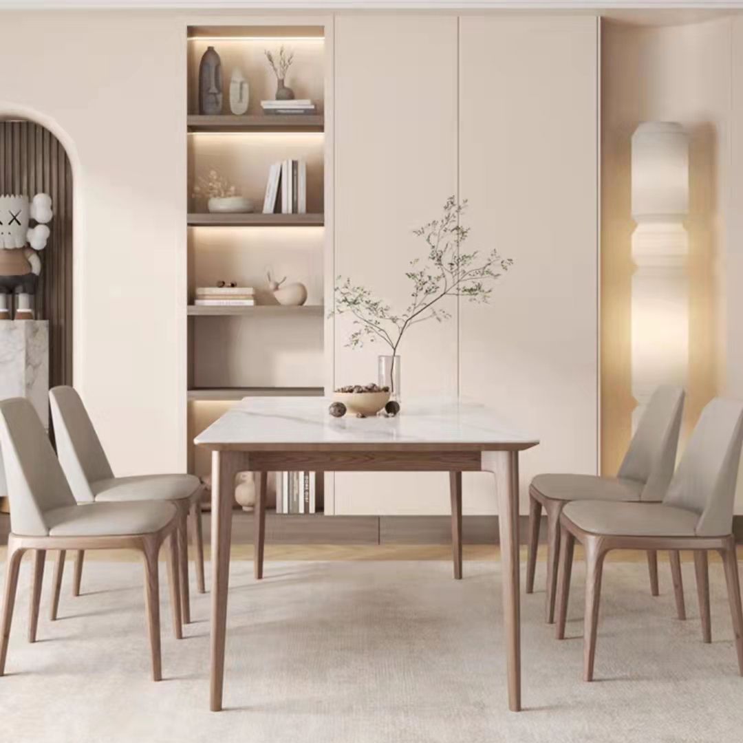 Mid-Century Dining Table for Home White Stone Table with Wooden Legs