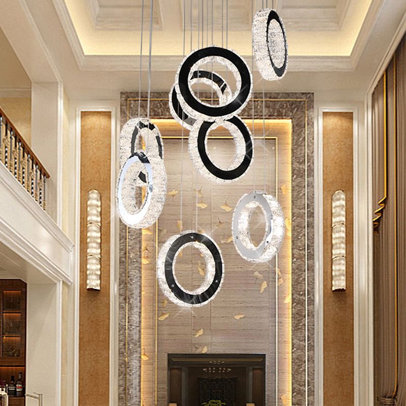 Ring Crystal Cluster Pendant Minimalist LED Black Down Lighting for Living Room