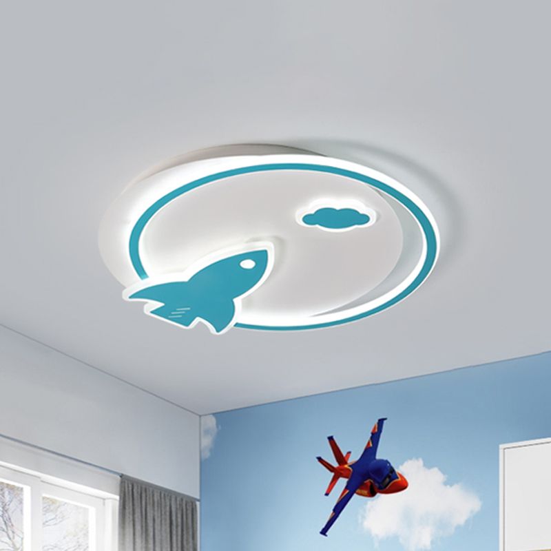 Plafonnier LED fin en acrylique pour enfants, vaisseau spatial, près du plafond, en bleu