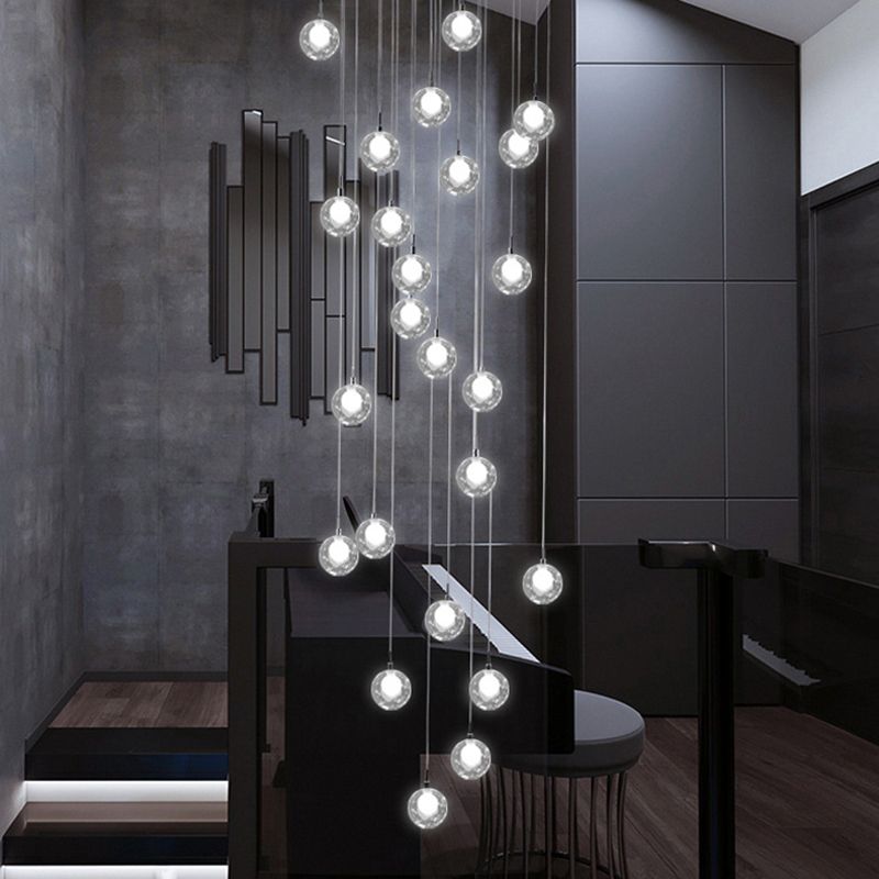 Minimalist Bubbles Multi Pendant Light Fixture Frosted White-Clear Glass Spiral Stairs Suspension Light