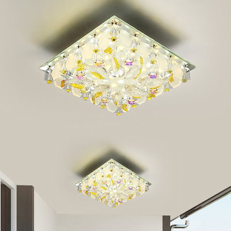 Small Squared LED Flush Ceiling Light Modernist Yellow Crystal Flush Mount Lighting with Fish Design, Warm/White Light