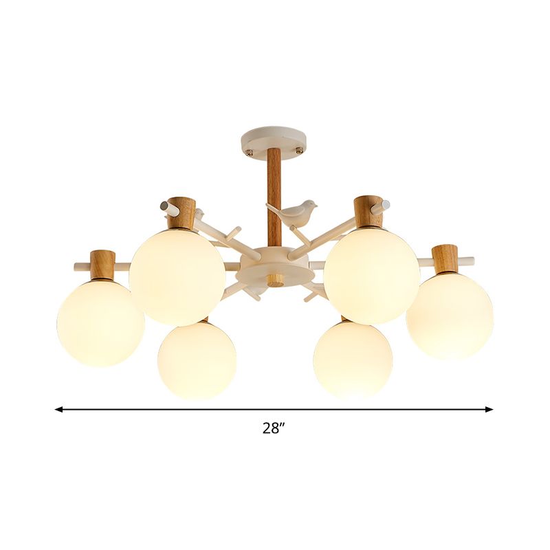 Sphère de verre blanc pendante lustre asiatique 6/8 bulbes pendentif éclairage avec oiseau