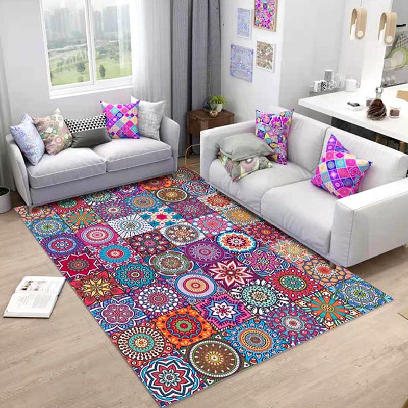 Oriental Floral Print Rug Multi Color Cotton Blend Area Carpet Non-Slip Backing Pet Friendly Indoor Rug for Living Room