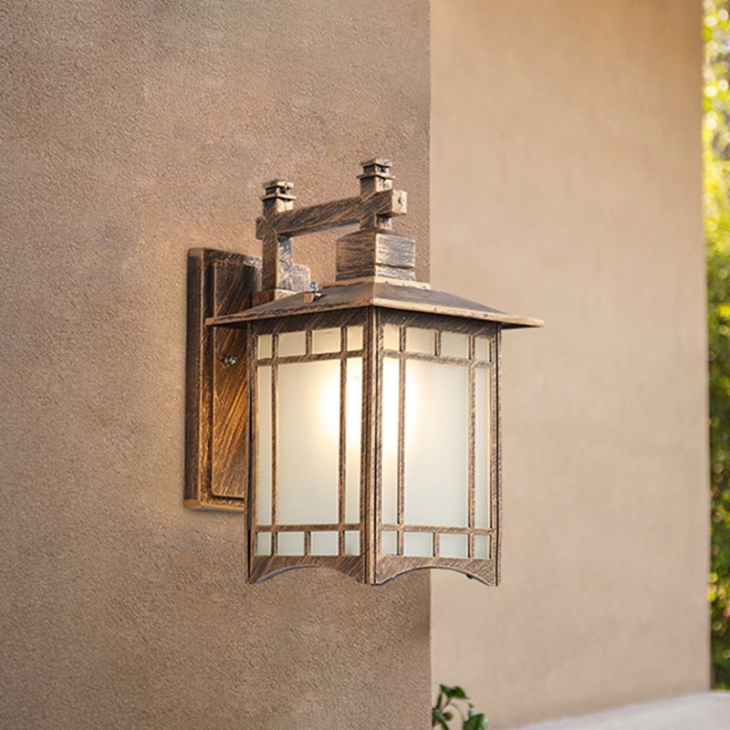 1 Light Pavilion Wall Sconce Farmhouse Black/Brass Finish Aluminum Wall Mount Lamp with Frosted Glass Shade