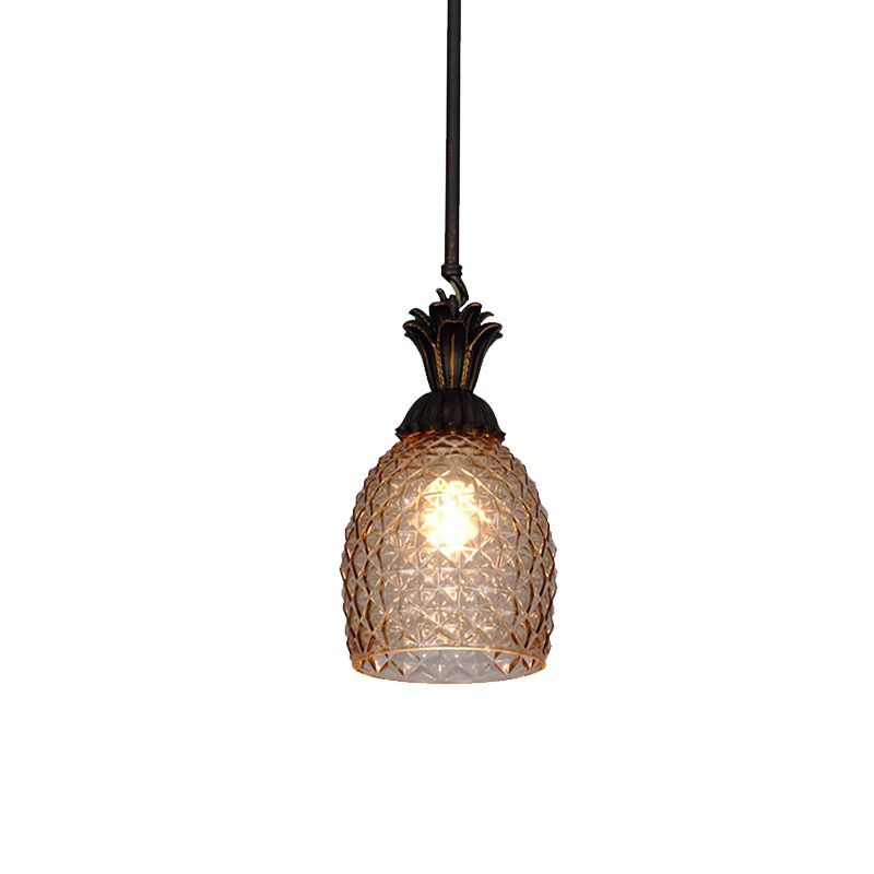 Retro Pineapple Pendant Ceiling Light 1 Bulb Prismatic Glass Hanging Lamp in Black for Restaurant