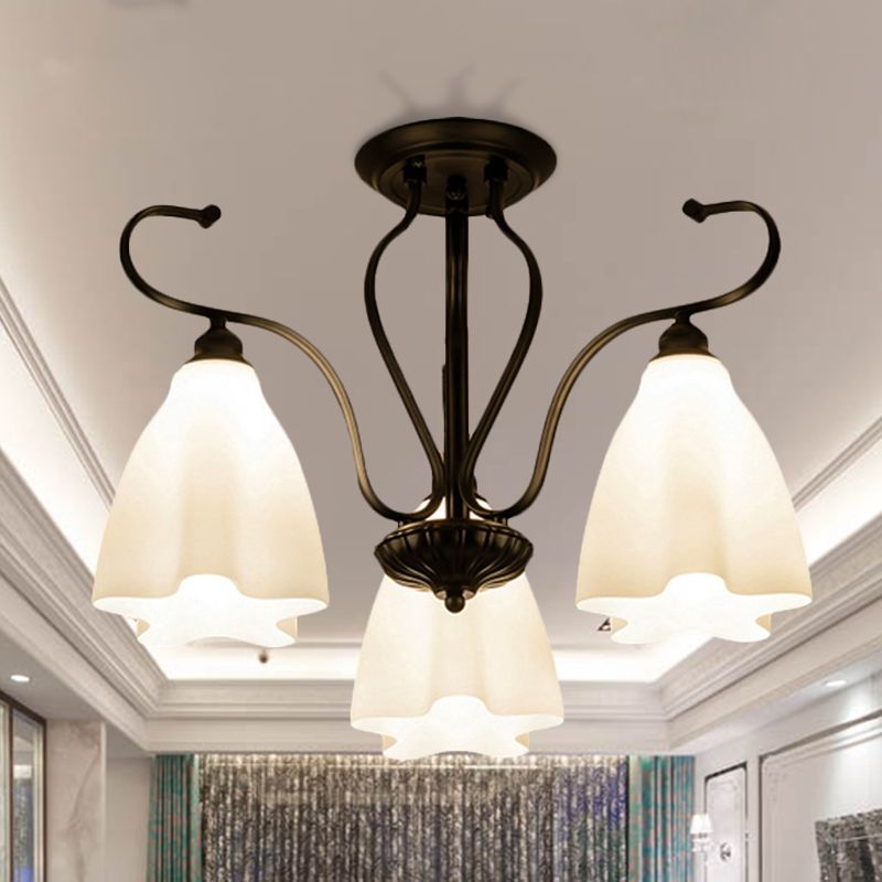 3/6/8 luci bianche Lampada del soffitto in vetro bianco classico Soggiorno a forma di fiori neri