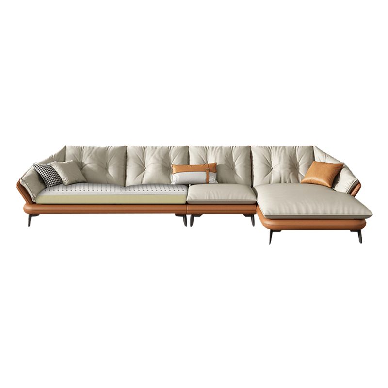 Tufted Genuine Leather Sectionals Flared Arm Beige Cushions Sectional Sofa