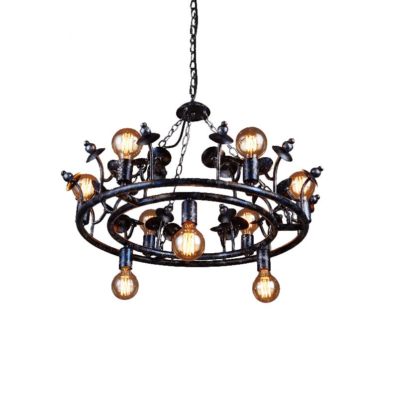 Multi Light Round Chandelier Light Open Bulb Metal Rustic Pendant Lighting in Black