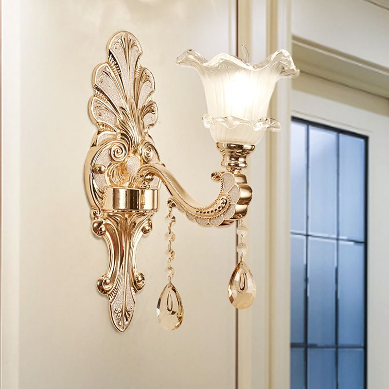 Ruffle-Trimmed Bell Frosted Glass Sconce Retro 1/2-Bulb Doorway Wall Mounted Light in Gold