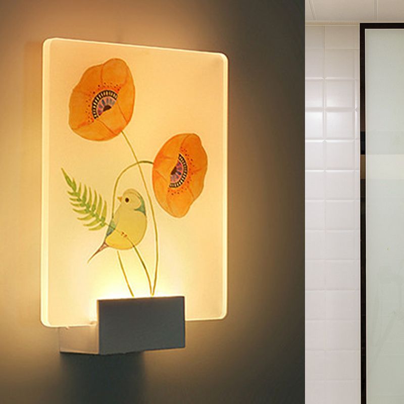 Éclairage mural à LED d'angle Lampe murale blanche moderne avec une teinte acrylique à motifs de fleurs / oiseaux