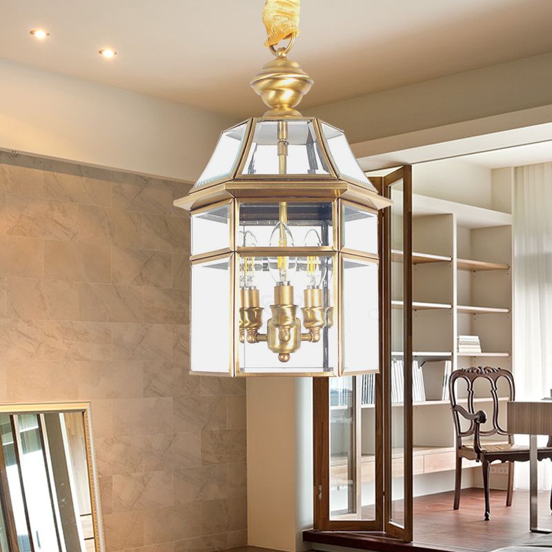 3 Bulbs Cage Ceiling Chandelier Traditional Clear Glass Suspended Lighting Fixture in Brass