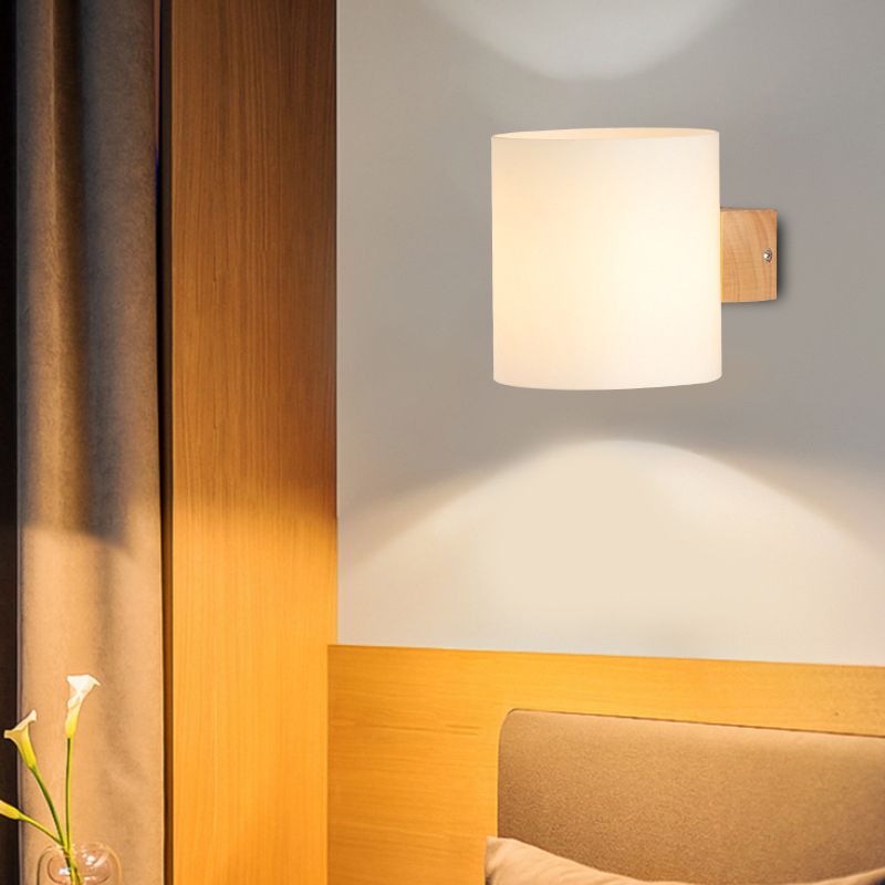 Wooden Cylindrical Wall Lamp in Modern Concise Style White Glass Wall Sconce for Interior Spaces