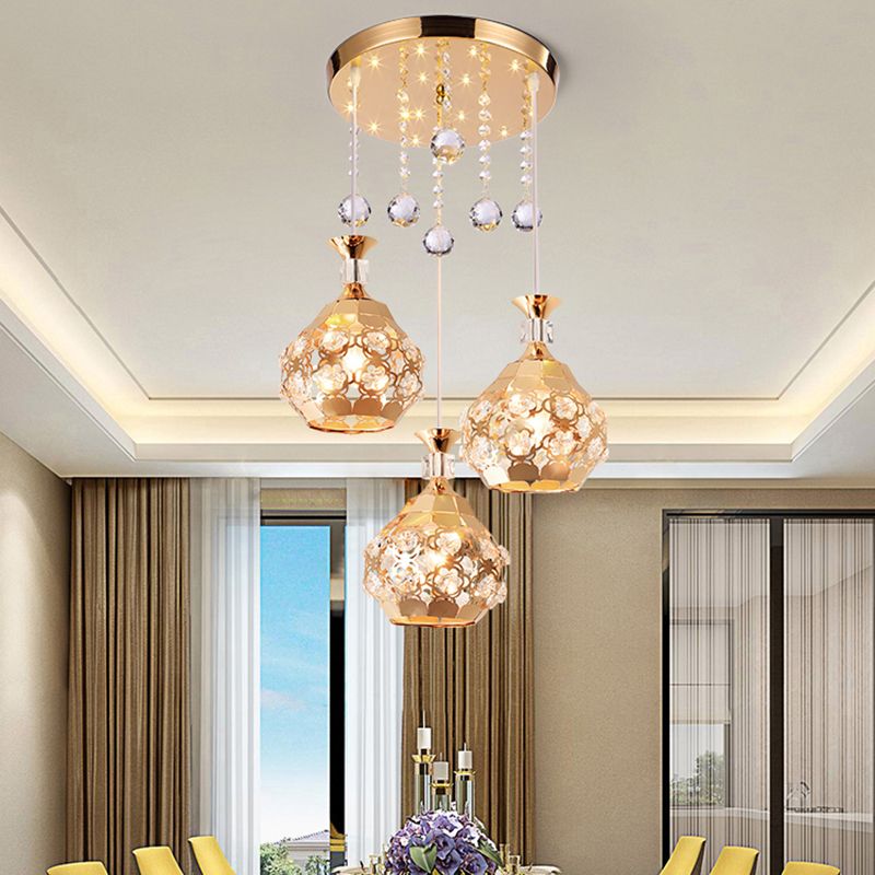 Dome Dinning Room Multi Hanging Light Crystal Embedded 3 Lights Modernism Suspension Lamp in Gold