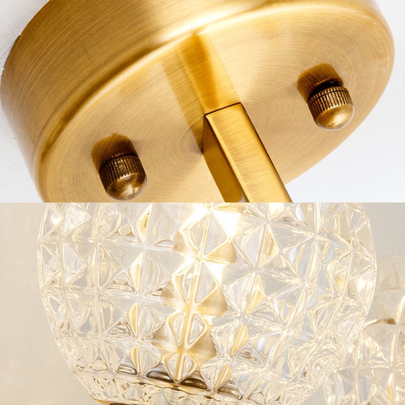 1-Light Wall Lamp Simple Globe/Cone Clear Grid Glass Sconce Light with Clean-Lined Arm in Gold for Hallway