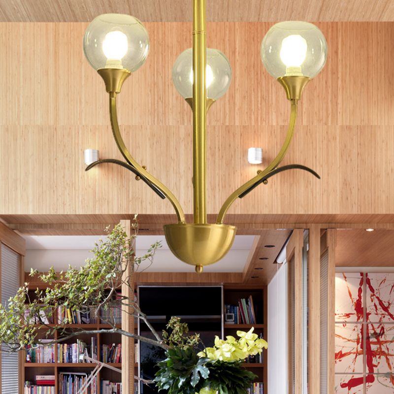 Ball Clear Glass Flushmount Lighting Vintage 3/6 Heads Sitting Room Semi Flush Chandelier in Brass
