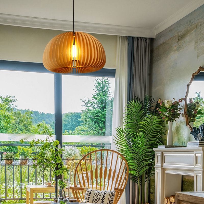 1 Light Pumpkin Shape Wooden Pendant Light Modern Style Living Room Hanging Lamp Fixture