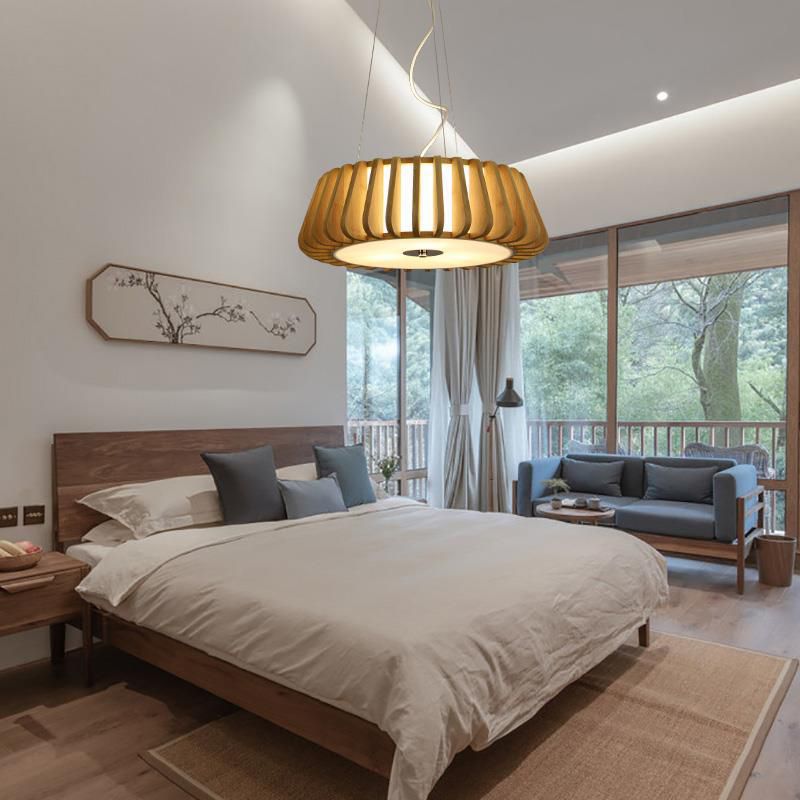 Japanese Bamboo Pendant Light Fixture 1-Light Drum Beige Hanging Ceiling Light