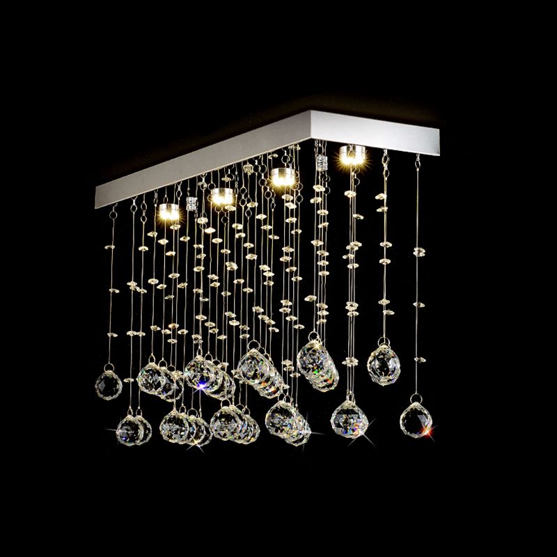 Rectangular Flush Mount Light Modern Faceted Crystal Ball 4 Lights Silver Ceiling Light for Dining Room, 23.5"/31.5"/39" Wide