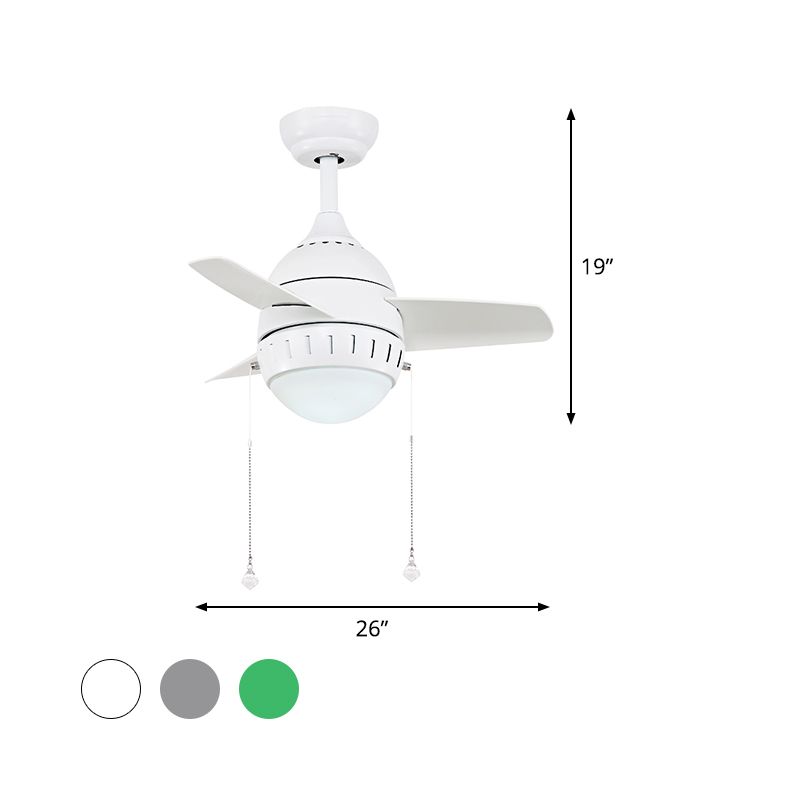 3 Blades LED Hanging Fan Lamp Modern Bedroom Semi Flush Light with Oval Acrylic Shade in Silver/White/Green, 26"/36" Wide