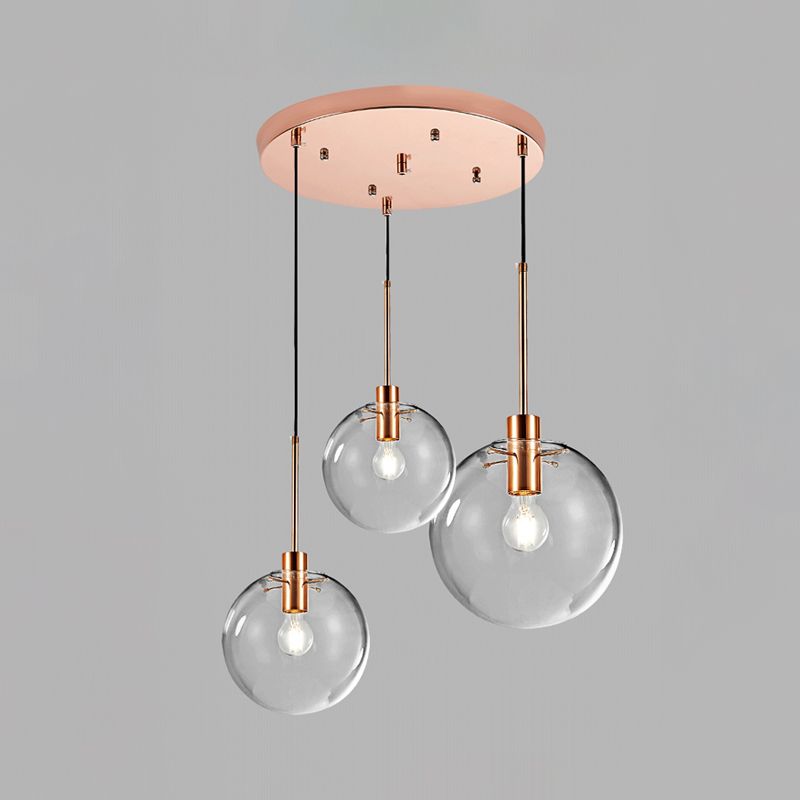 Rose Gold Round Cluster Pendant Light Minimalist 3-Bulb Clear Glass Ceiling Hang Fixture