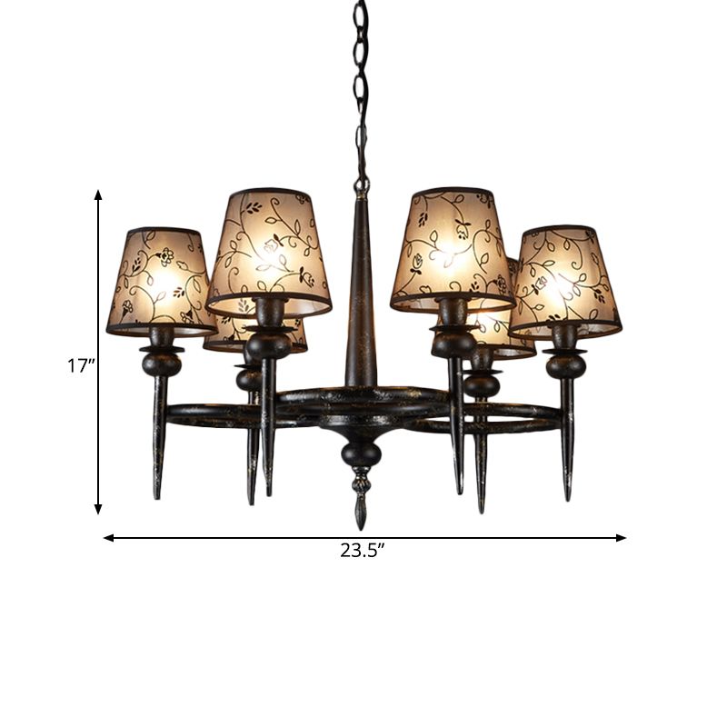 Traditional Cone Hanging Lamp 6 Bulbs Fabric Chandelier Light Fixture in Black for Restaurant