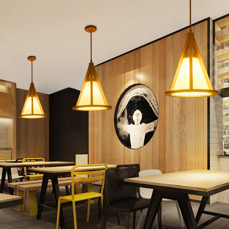 Horn Shaped Cage Wood Pendant Lamp Japanese Single Bulb Beige Ceiling Light with Shade