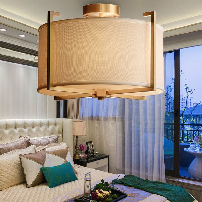 White Drum Semi Flush Mount Classic Fabric 4 Lights Living Room Ceiling Light Fixture with Iron Frame
