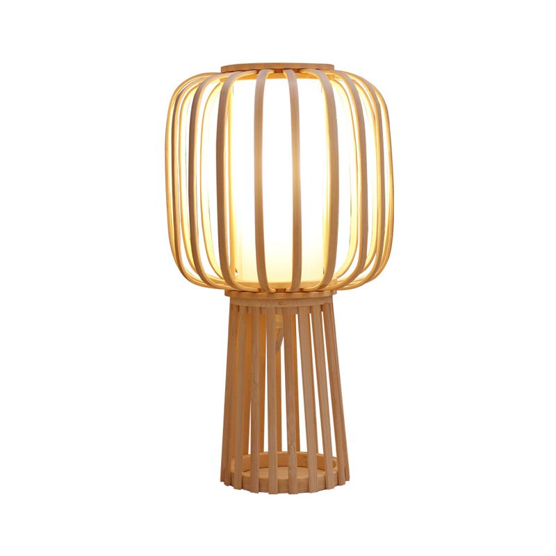 Asia Drum Task Lamp Bamboe 1-lamps bureaulamp van hout met witte binnenbuis van perkamenten kap