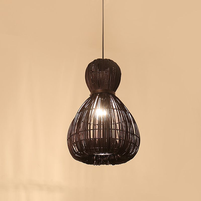 Lámina colgante de corte láser Rattan chino 1 bombilla de café de techo de café oscuro, 8 "/12" de ancho