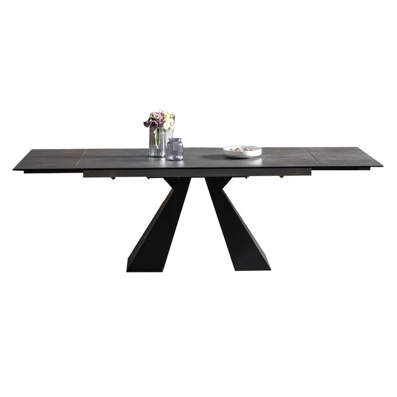 Rectangle Traditional Luxury Dining Table Grey Sintered Stone Table with Black Double Pedestal