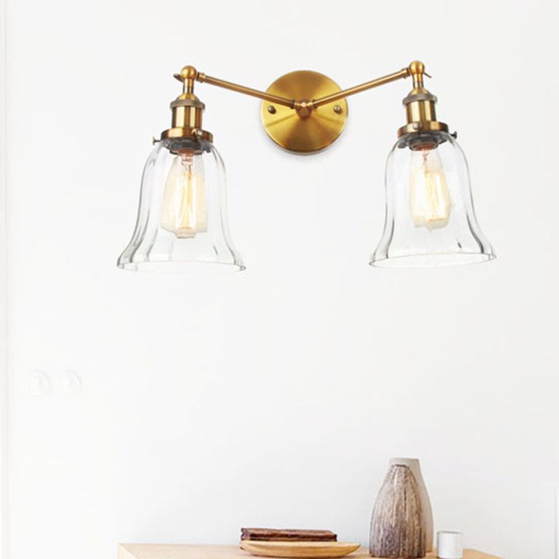 2 Lights Indoor Wall Lighting Industrial Style Black/Chrome/Bronze Sconce with Bell Clear Glass Shade