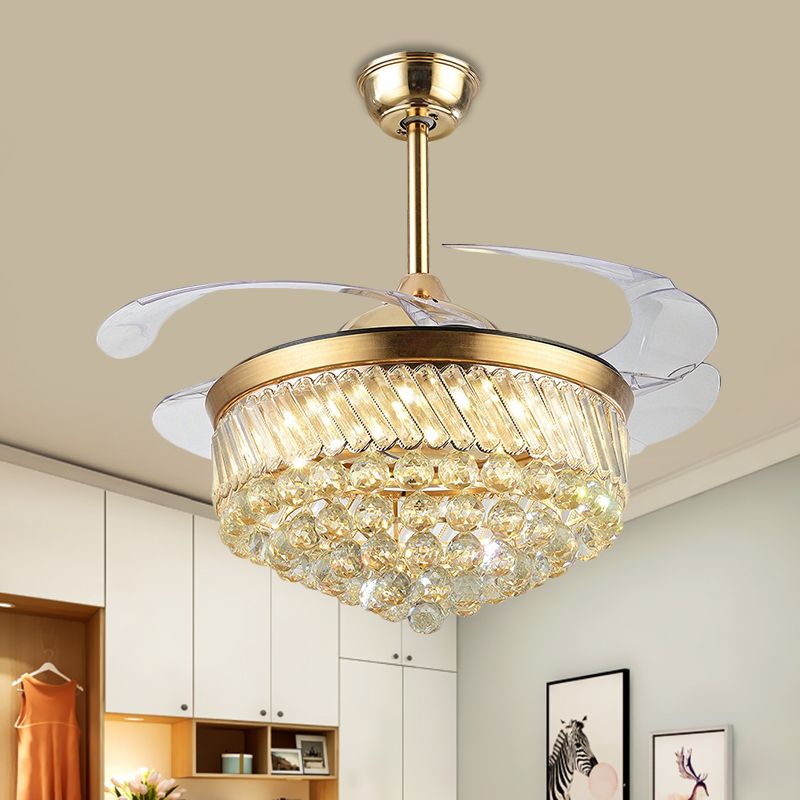 Kristal orbs kegel hangende ventilator licht eigentijds 19 "brede led gold semi mount verlichting met 4 messen