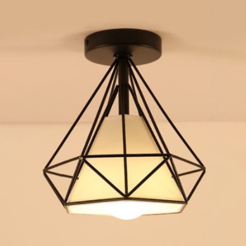 Marco de hierro en forma de diamante techo claro de tela blanca simplicidad mini accesorio de iluminación para corredor de balcón