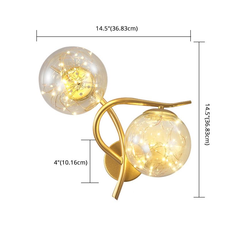 2-Lights Branch Metal Arm Sconce Lights Globe Glass Shade Nordic Style LED Wall Mount Lamp