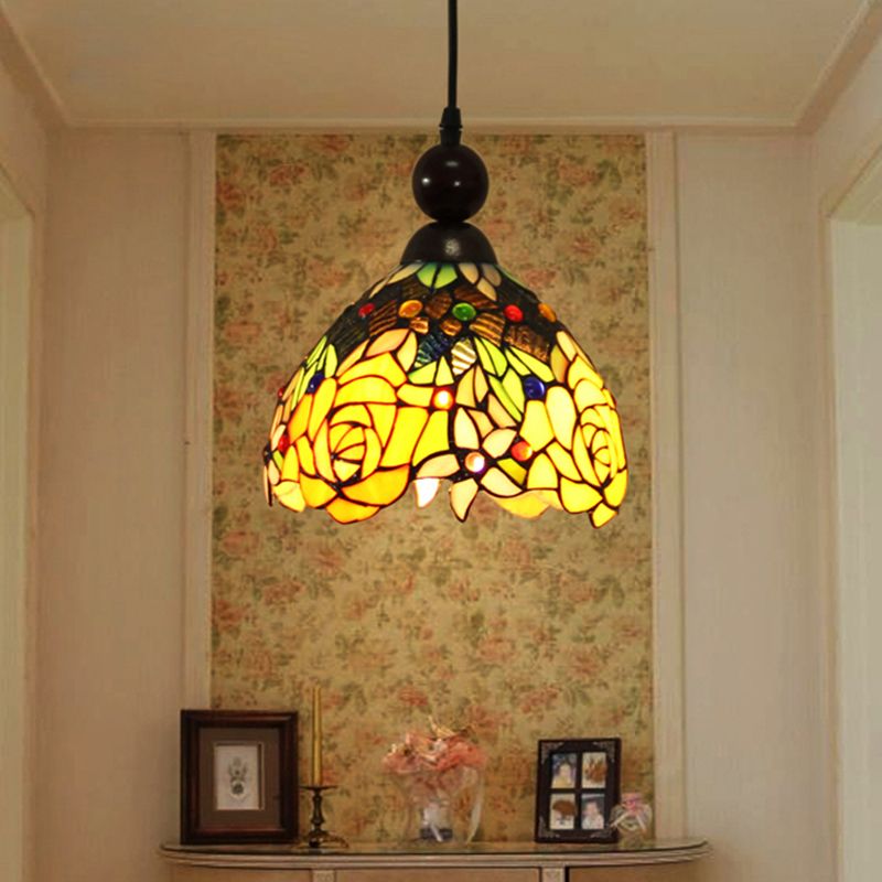 Pink/Yellow 1 Light Pendant Lighting Tiffany Style Stained Art Glass Blossom Ceiling Lamp