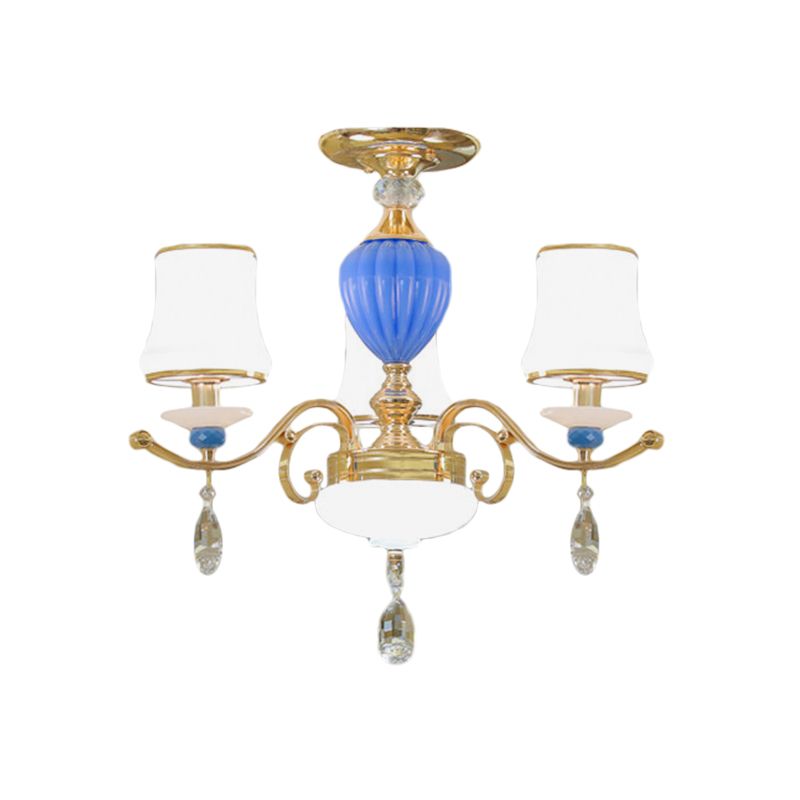 Rural Bell Semi Flush Mount Candelier Class Opal 3/6/8 Lámpara de techo de sala de estar con gotas de cristal en oro